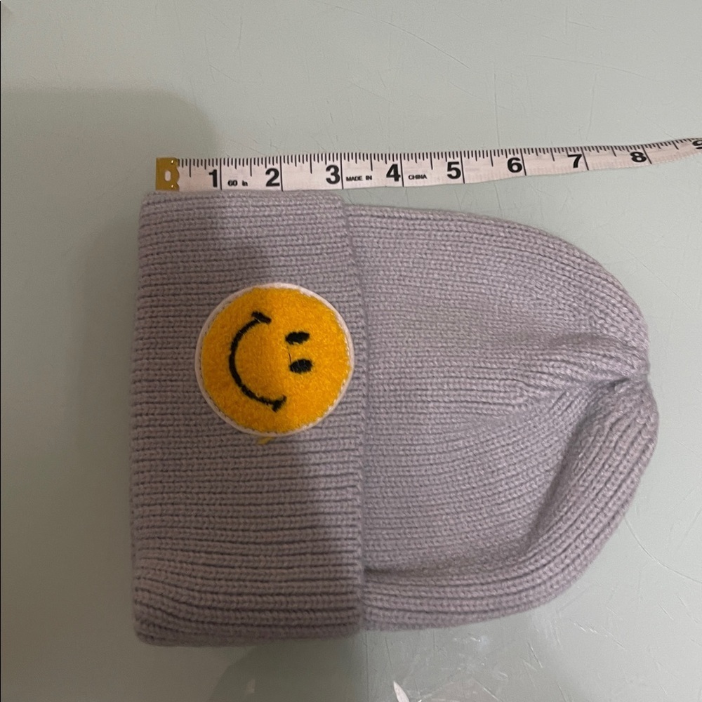 Gray Kids Beanie with Yellow Smiley Patch - Picture 2 of 5